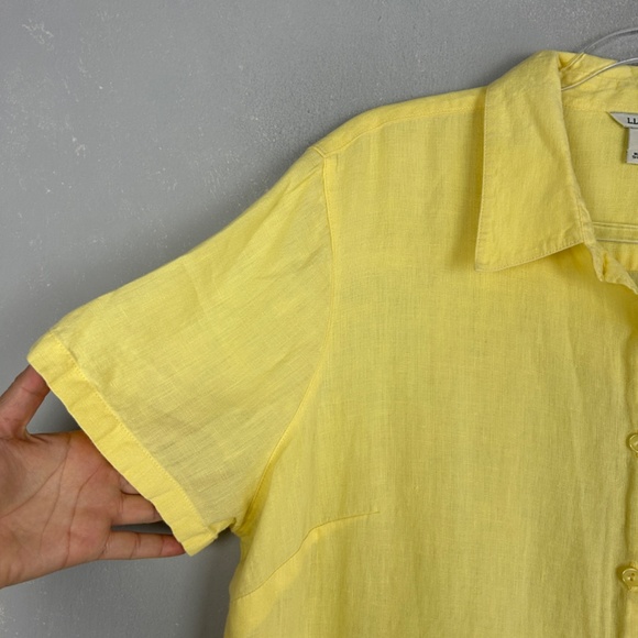 LL Bean women size L short sleeve button up top yellow 100% linen - Picture 2 of 10